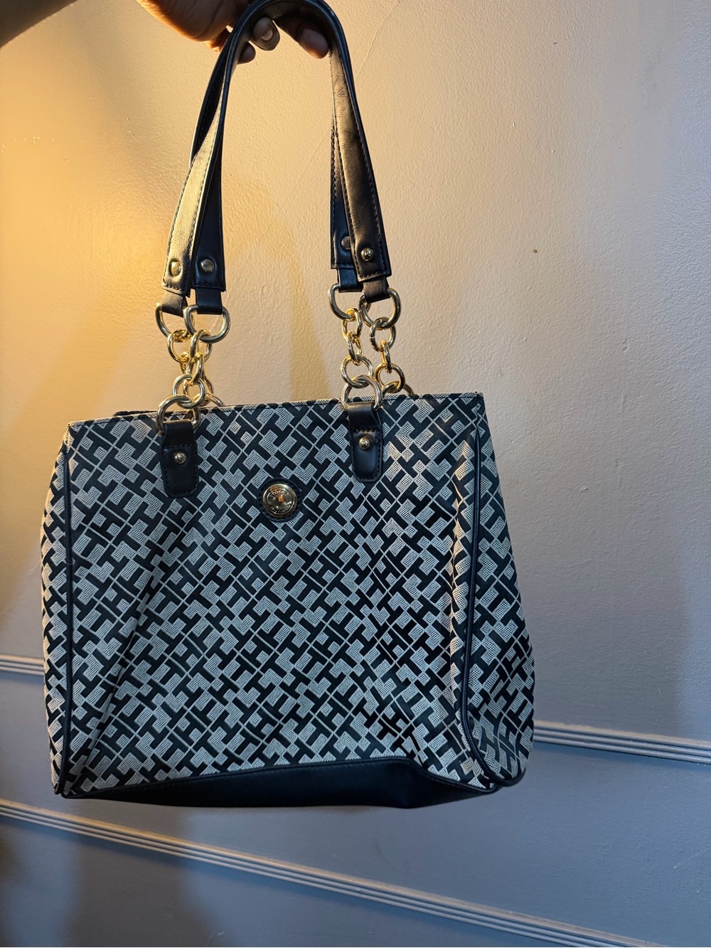 Tommy Hilfiger Black and White Geometric Tote with Gold Hardware